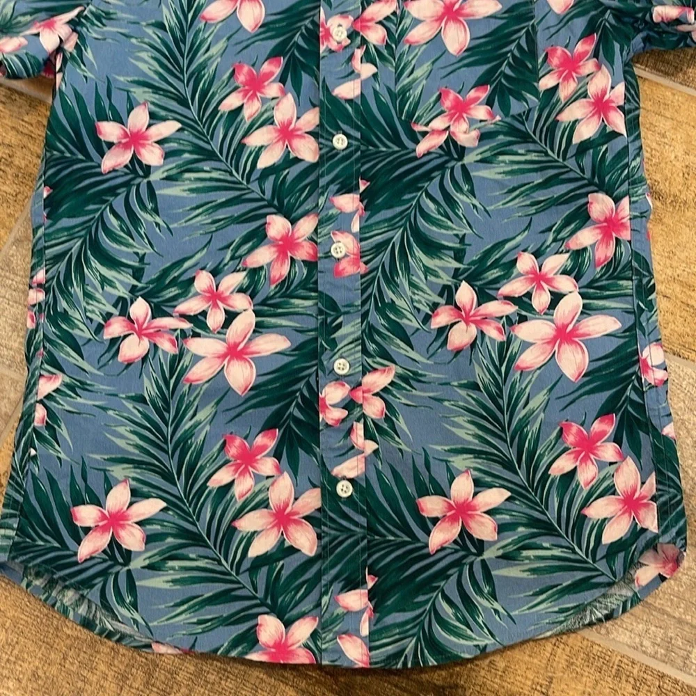 J. Crew Blue & Pink Tropical Leaf Floral Button Front Short Sleeve Shirt S